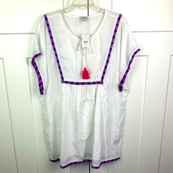 NWT J Crew Factory Fringe tunic cover-up White Pink Blue - Picture 1 of 8